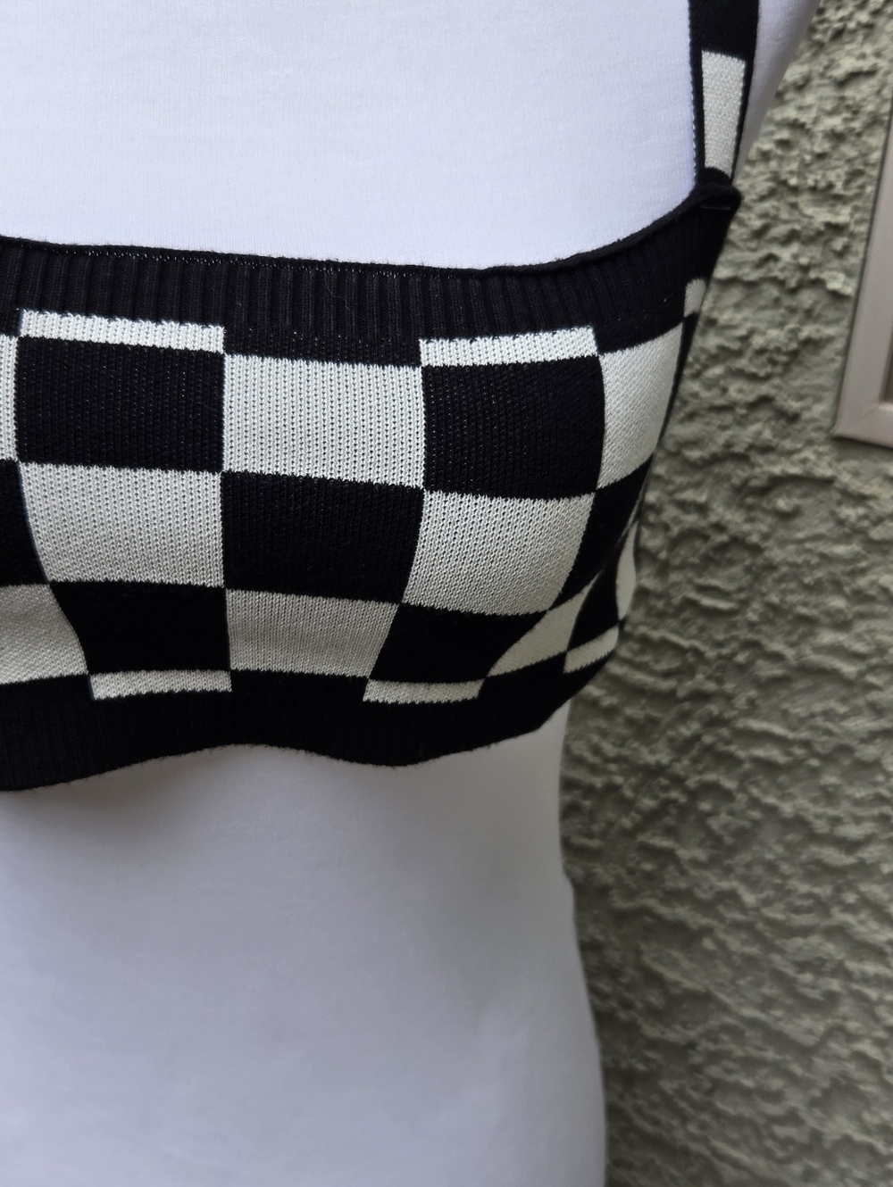Edikted Black and White Checkerboard Knit Crop Top - Picture 3 of 8